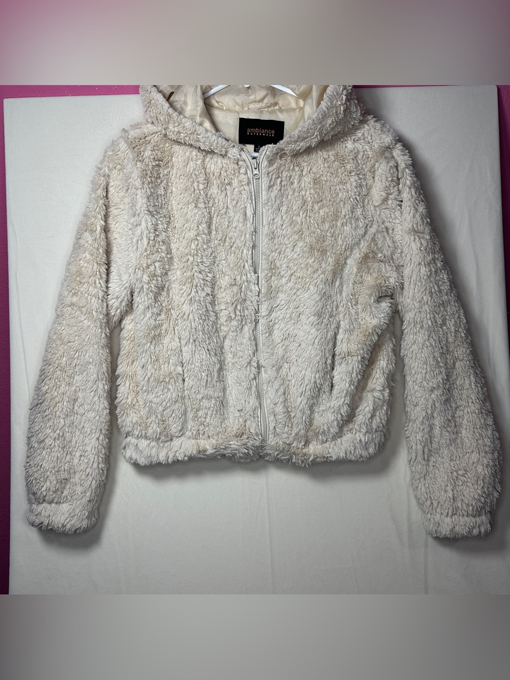 Ambiance Cream Plush Hooded Jacket Soft Teddy Zip-Up Small Cozy layering fall
